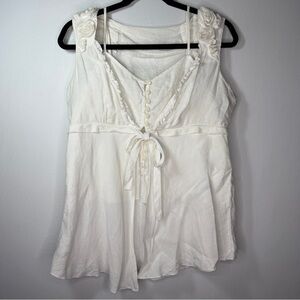 Cream Rosette Linen Babydoll‎ Top with Bow Tieback Romantic Cottagecore